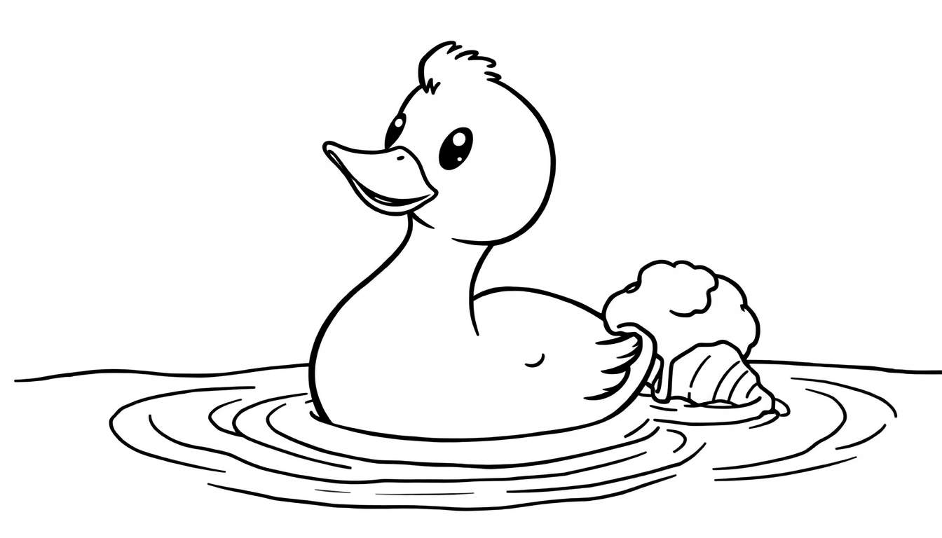 Een schattige zwart-witte tekening van een eendje dat in het water zwemt, met waterrimpelingen en een rots.