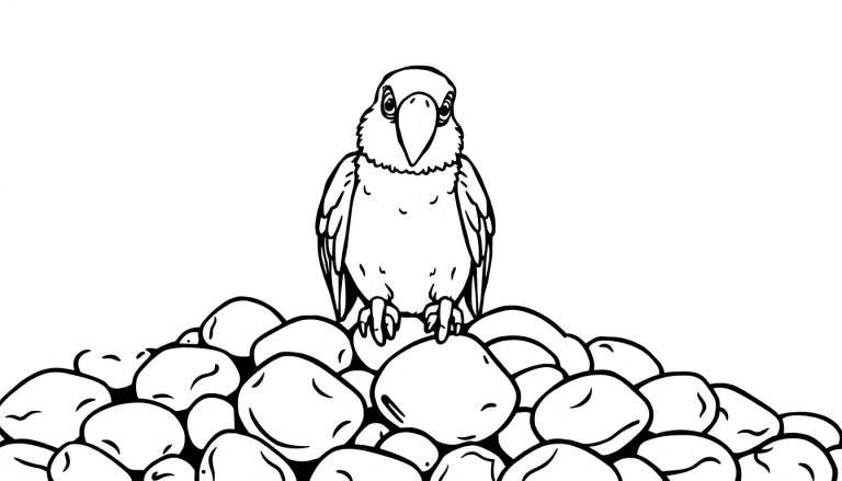 Een kleurplaat van een papegaai die op stenen zit.