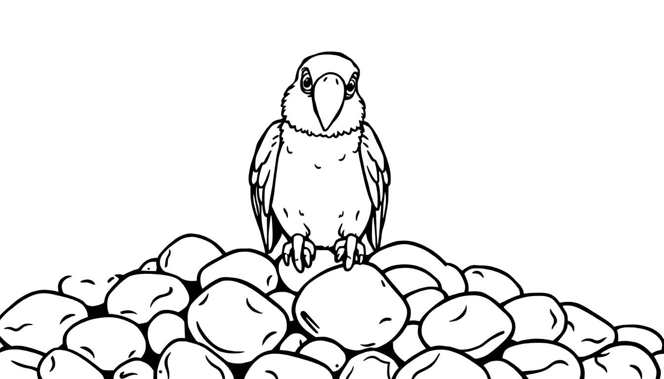 Een kleurplaat van een papegaai die op stenen zit.