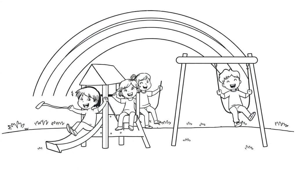 Zwart-wit kleurplaat van een speeltuin met spelende kinderen en een regenboog.