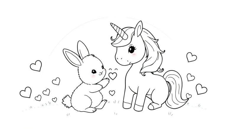 Kleurplaat van een konijn en eenhoorn met hartjes onder een regenboog.