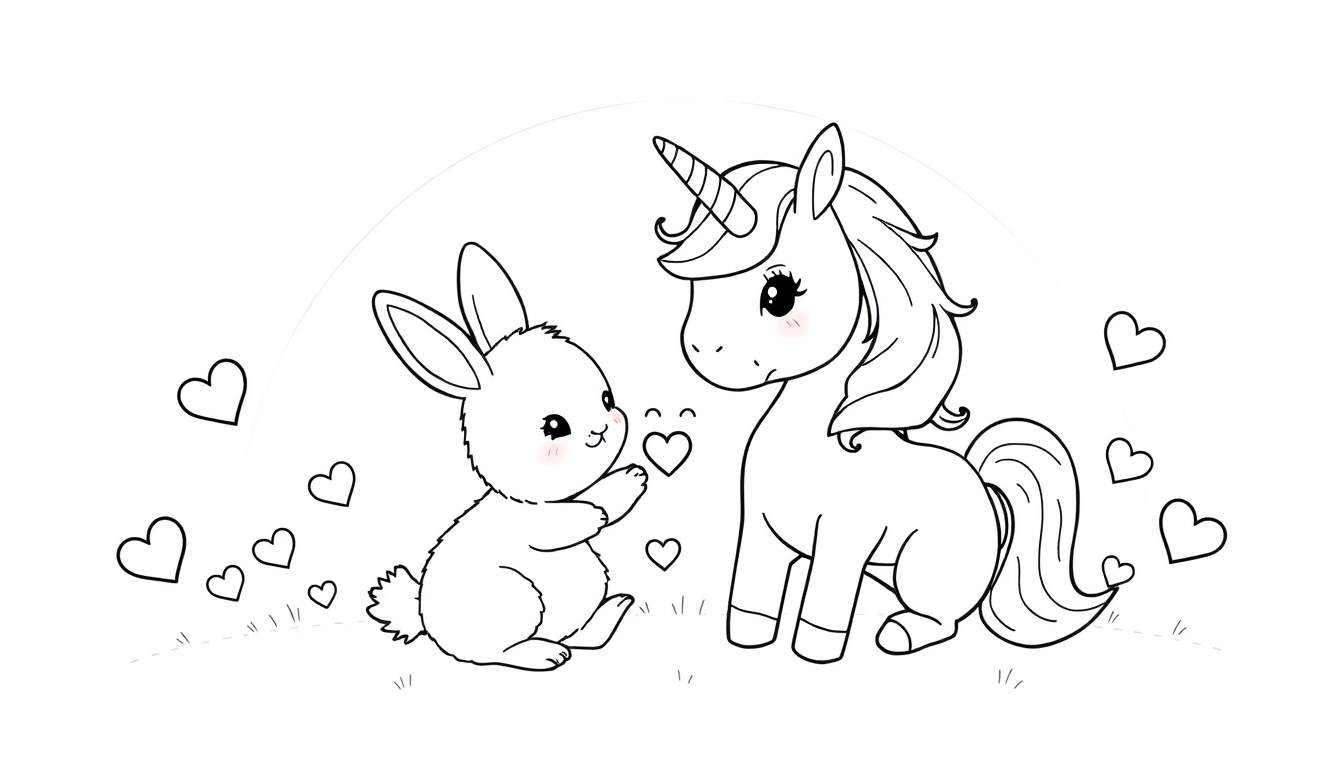 Kleurplaat van een konijn en eenhoorn met hartjes onder een regenboog.