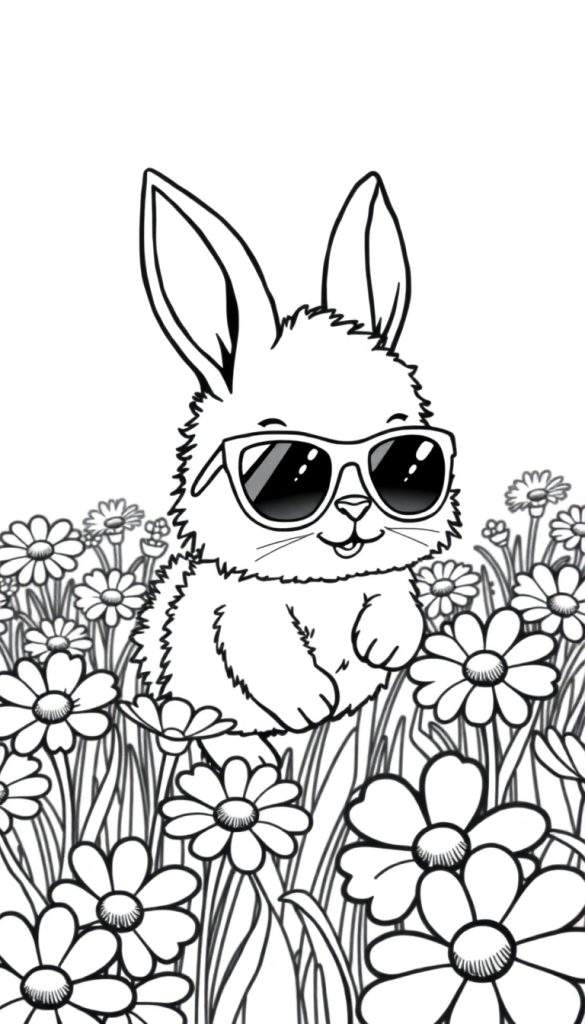 Een tekening van een konijn met zonnebril in een veld vol madeliefjes, als kleurplaat.