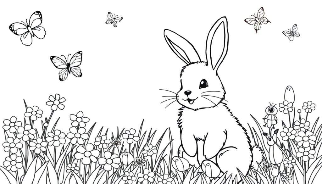 Kleurplaat van een schattig konijntje omringd door vlinders en bloemen.