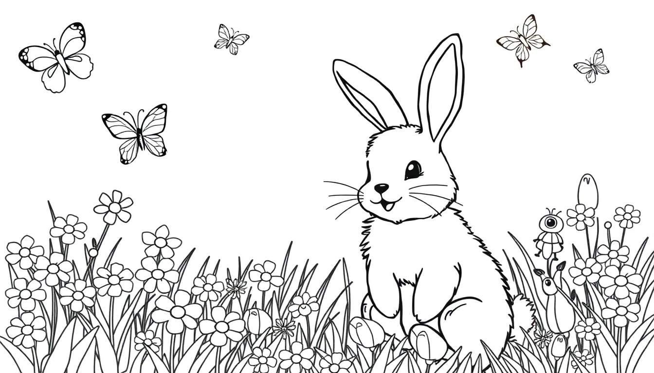 Kleurplaat van een schattig konijntje omringd door vlinders en bloemen.