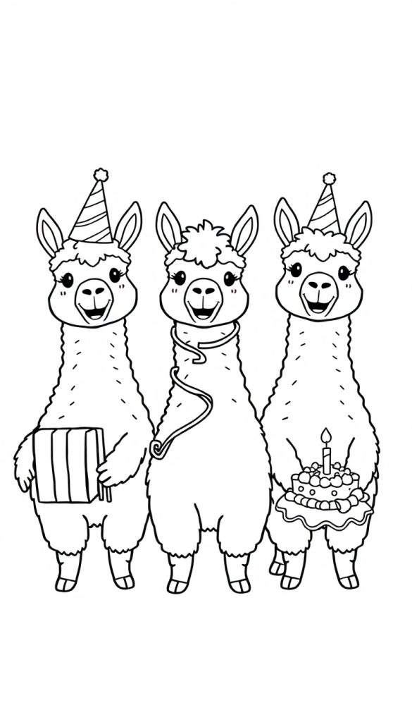 Kleurplaat van drie lama's die feest vieren met verjaardagshoeden, een cadeau en een taart.