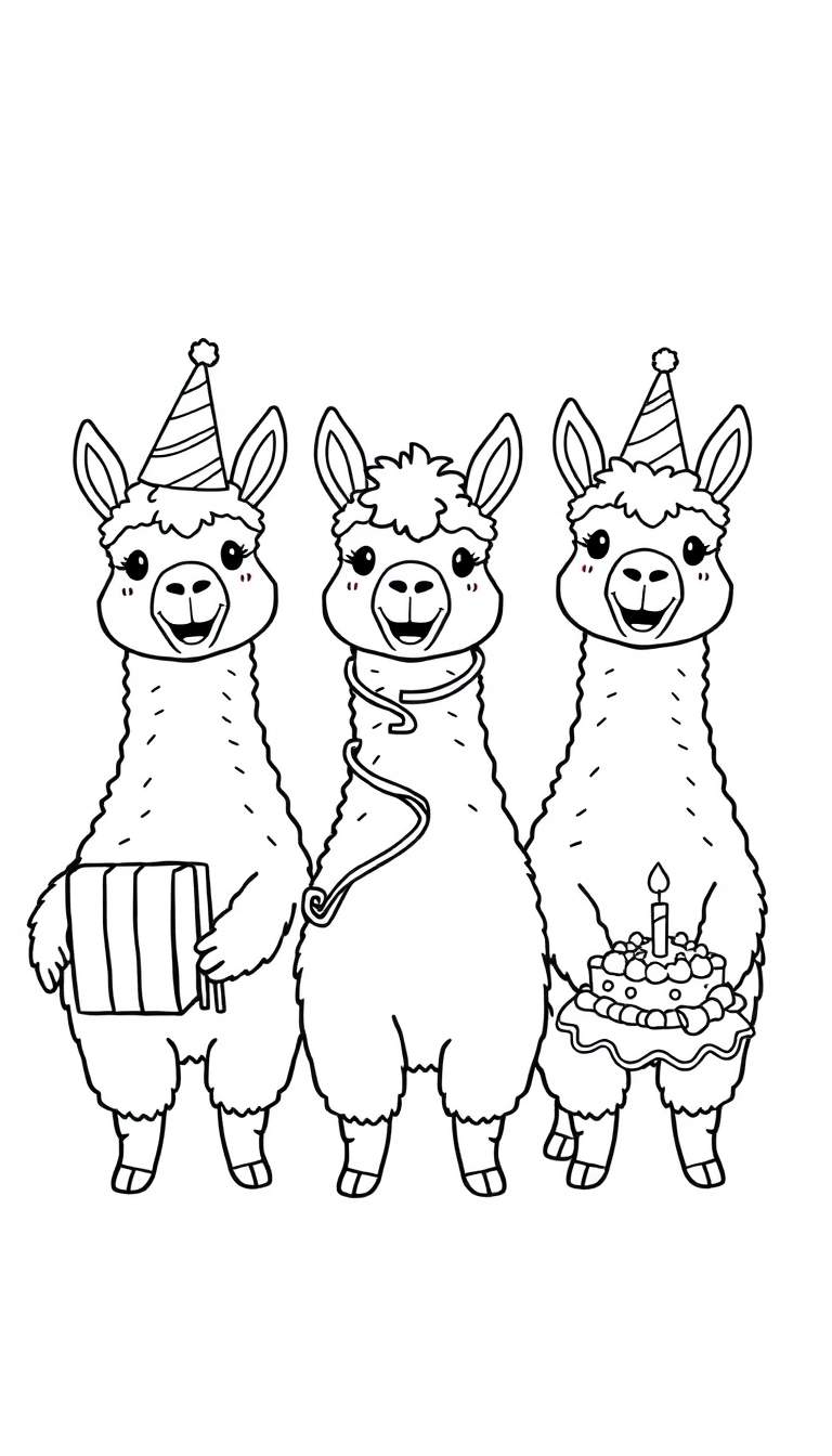 Kleurplaat van drie lama's die feest vieren met verjaardagshoeden, een cadeau en een taart.