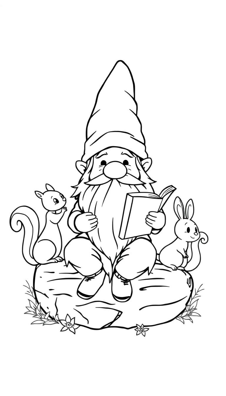 Kleurplaat van een tuinkabouter die leest met een eekhoorn en een konijn