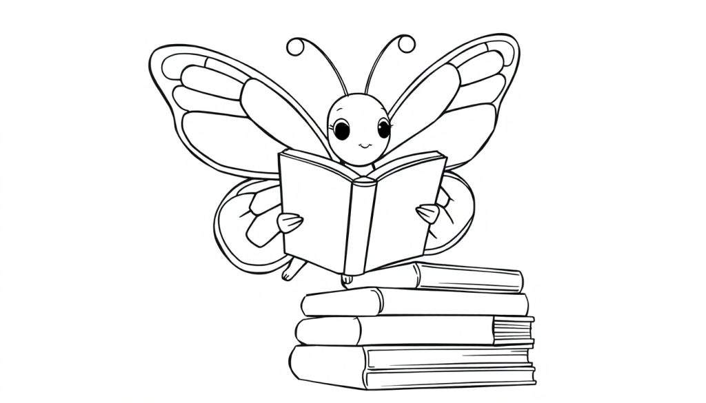 Kleurplaat van een schattige vlinder die een boek leest op een stapel boeken.