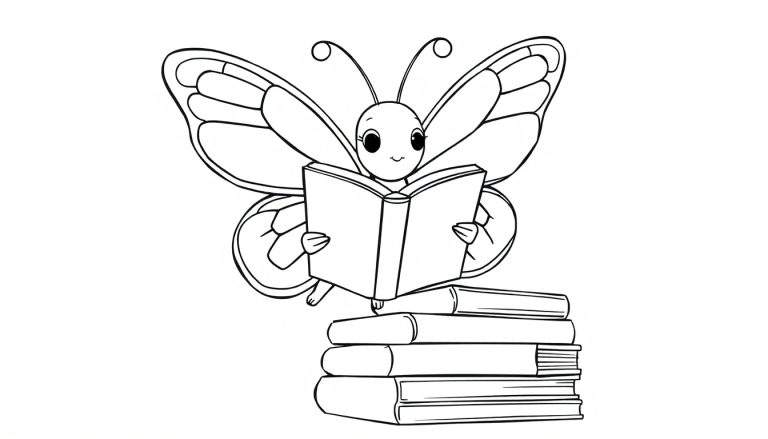 Kleurplaat van een schattige vlinder die een boek leest op een stapel boeken.