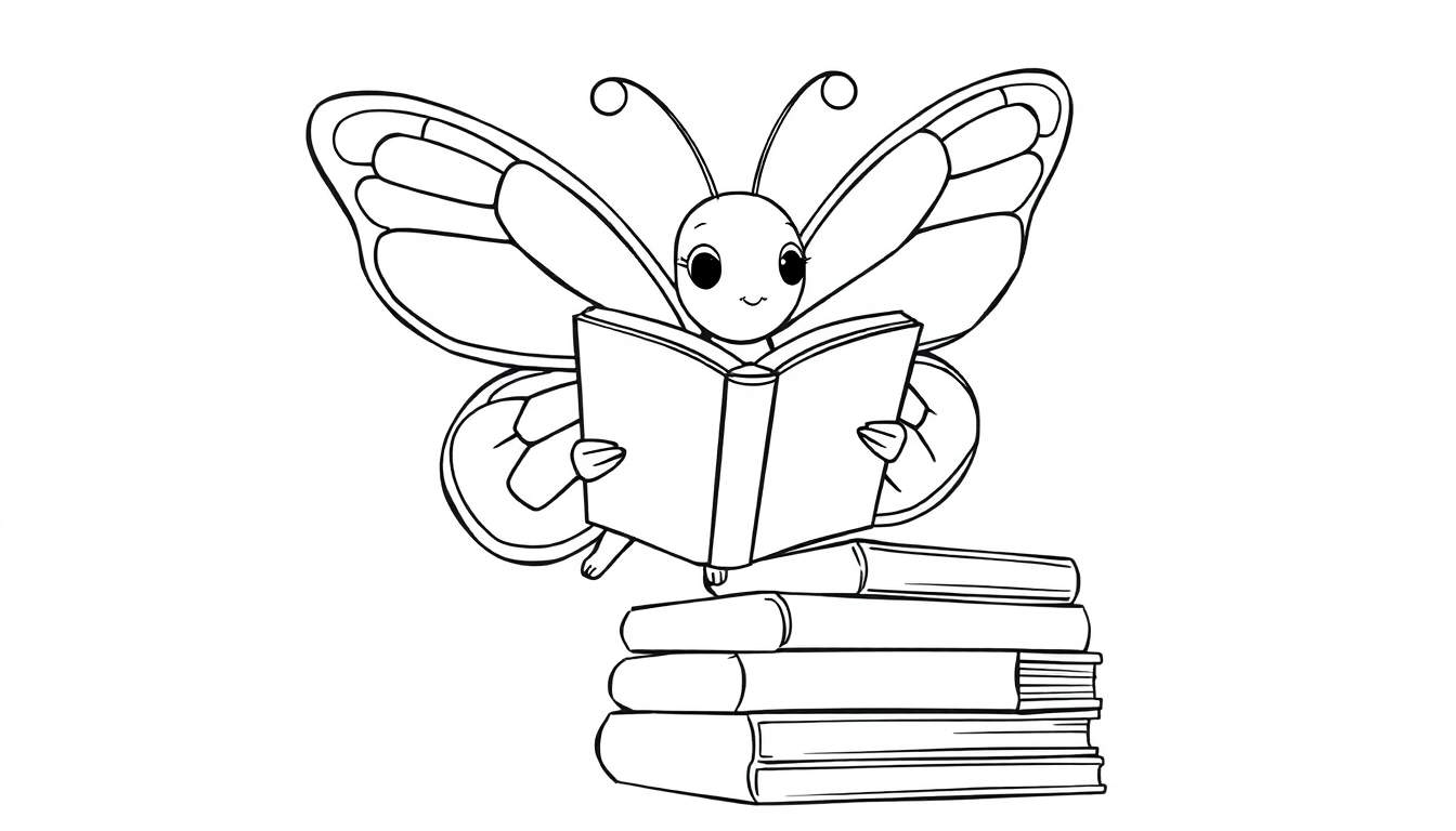 Kleurplaat van een schattige vlinder die een boek leest op een stapel boeken.