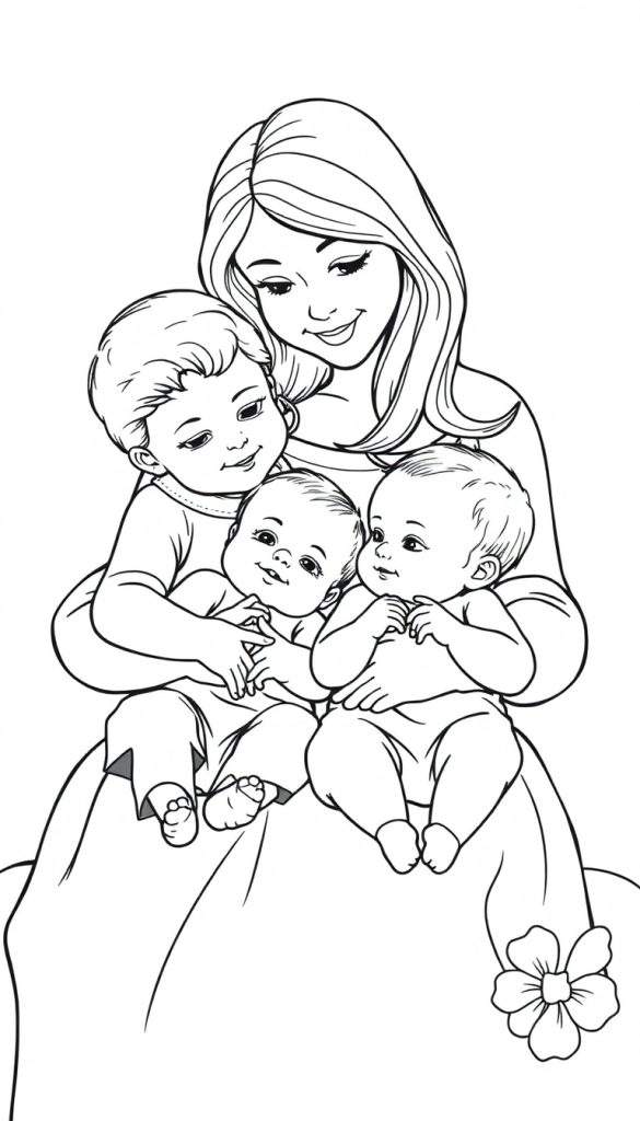 Kleurplaat van een jonge vrouw die drie baby's vasthoudt.