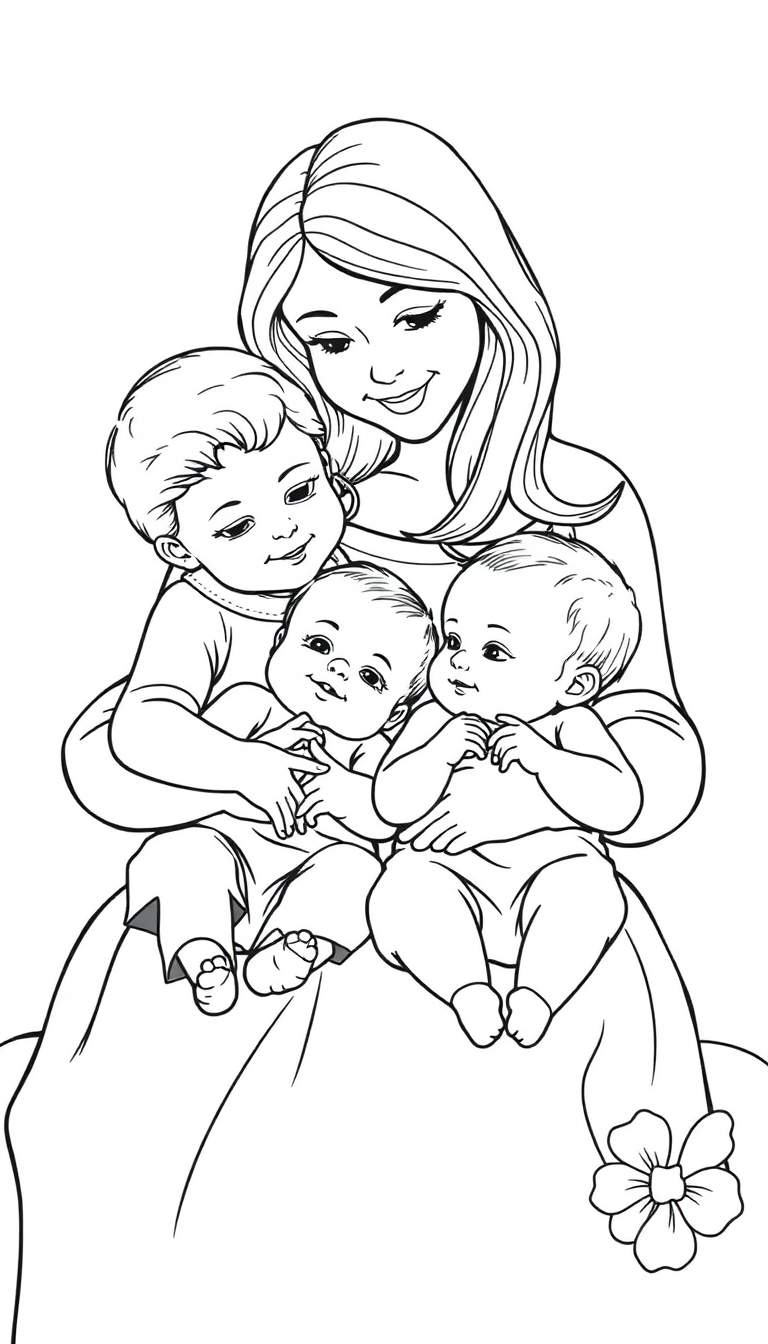 Kleurplaat van een jonge vrouw die drie baby's vasthoudt.