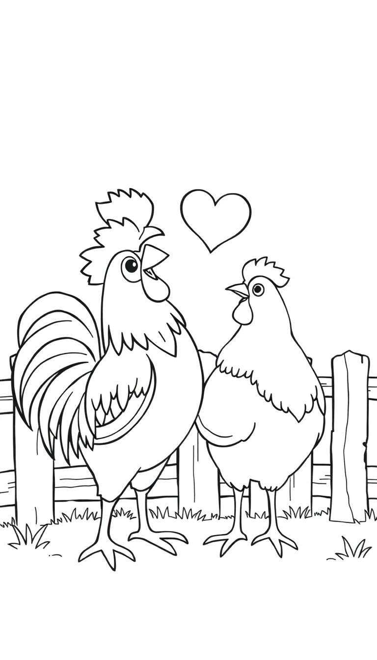 Kleurplaat van een haan en kip die van elkaar houden.