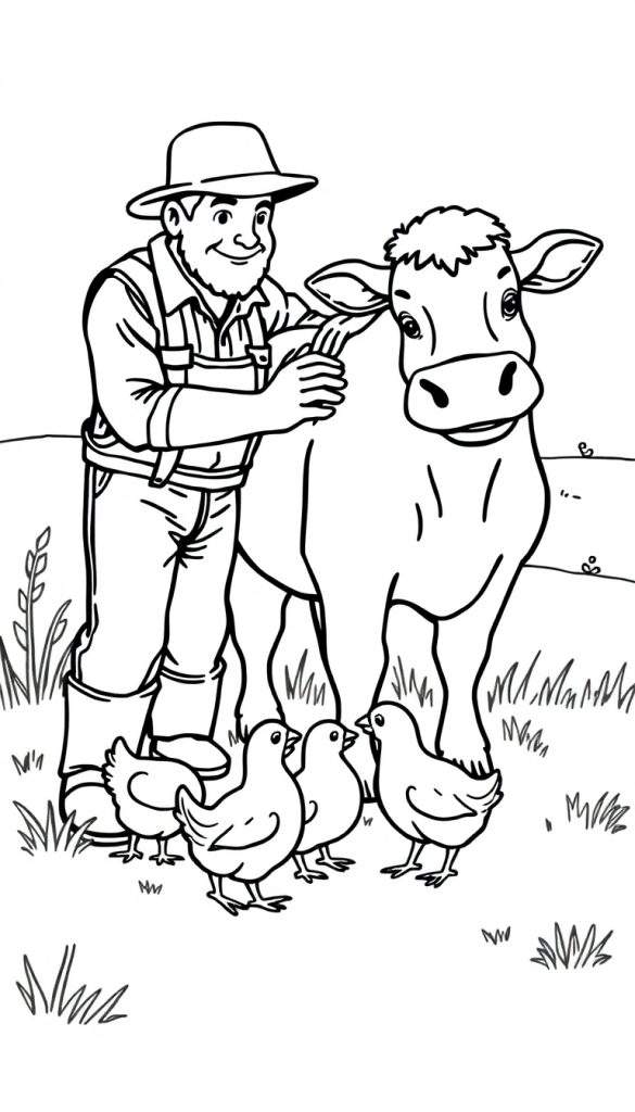 Een boer die een koe streelt, omringd door kippen, een kleurplaat.