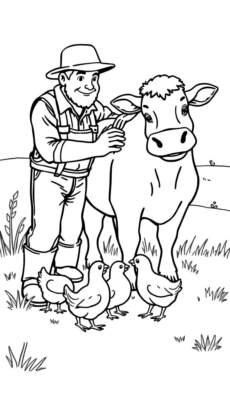 Een boer die een koe streelt, omringd door kippen, een kleurplaat.