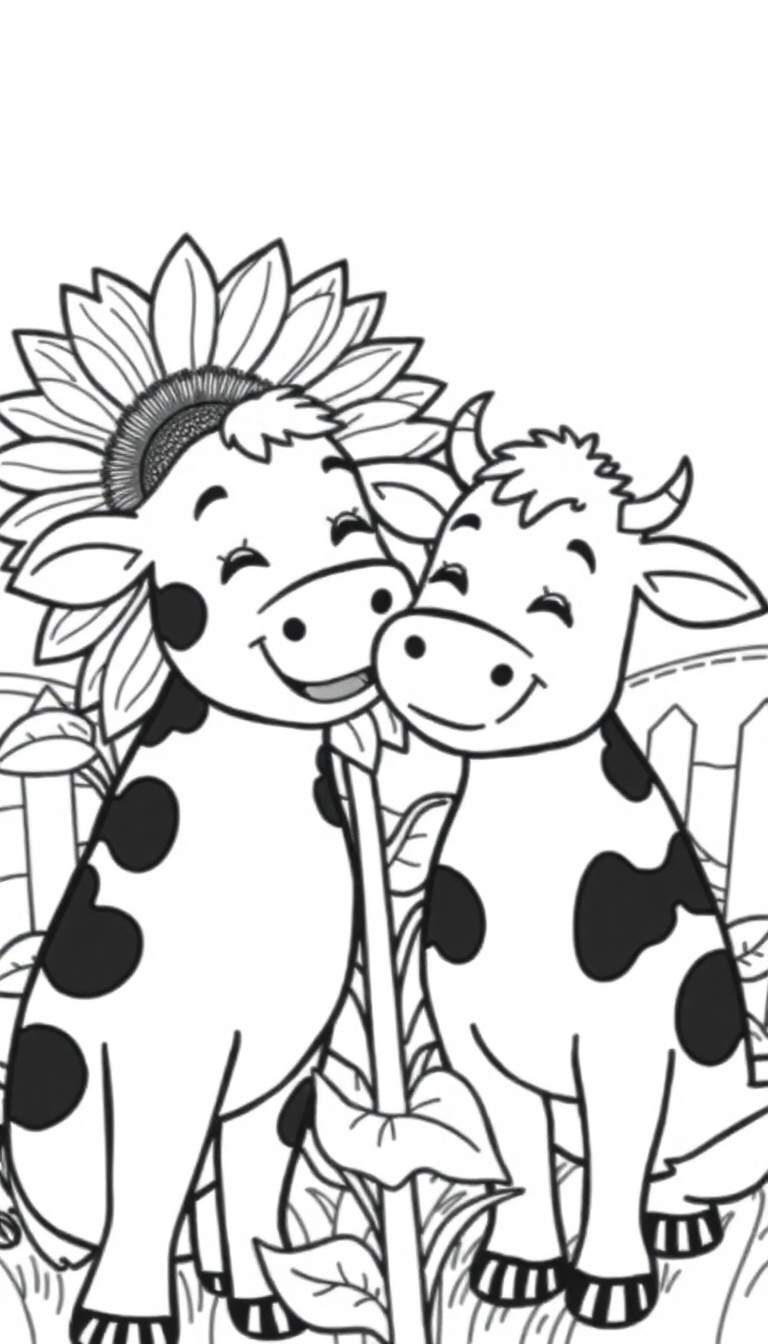 Kleurplaat van twee lachende koeien met een zonnebloem, zwart-wit tekening.