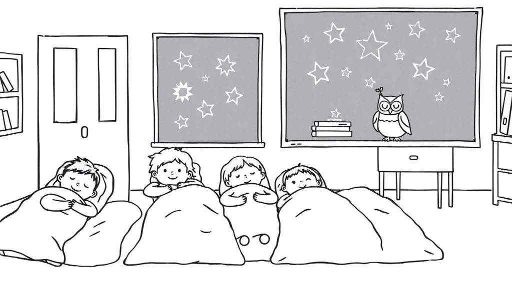 Zwart-wit kleurplaat van logeren op school: vier kinderen slapen of kijken wakker in bed, met sterren en een uil bij het raam.