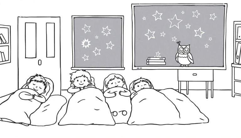 Zwart-wit kleurplaat van logeren op school: vier kinderen slapen of kijken wakker in bed, met sterren en een uil bij het raam.