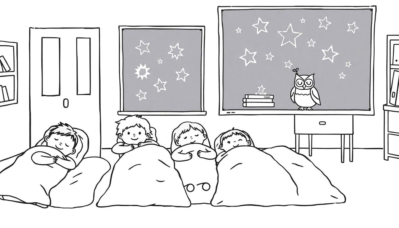 Zwart-wit kleurplaat van logeren op school: vier kinderen slapen of kijken wakker in bed, met sterren en een uil bij het raam.