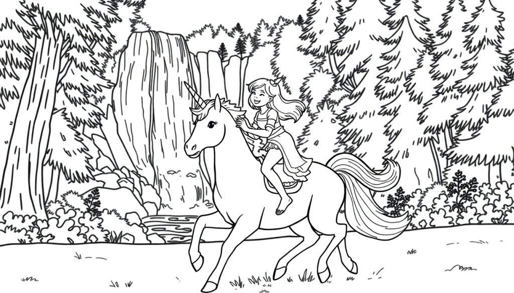 Kleurplaat van een meisje op een eenhoorn in een magisch bos met een waterval.