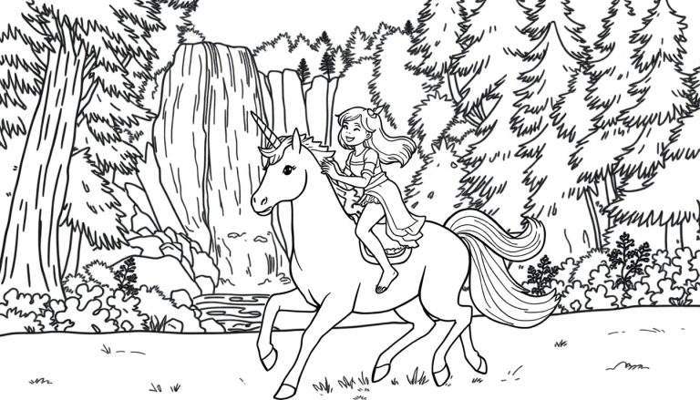 Kleurplaat van een meisje op een eenhoorn in een magisch bos met een waterval.