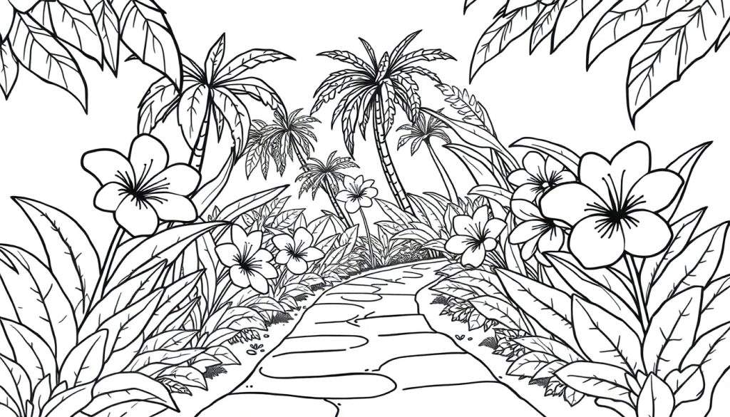 Kleurplaat van een tropisch eiland met een junglepad, palmbomen en grote bladeren.