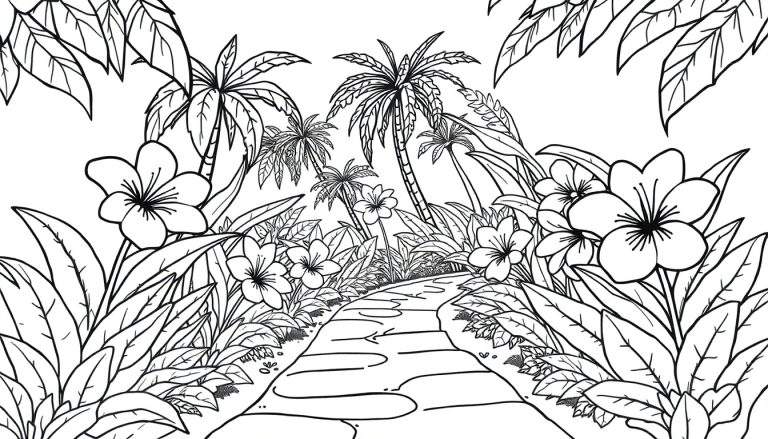 Kleurplaat van een tropisch eiland met een junglepad, palmbomen en grote bladeren.