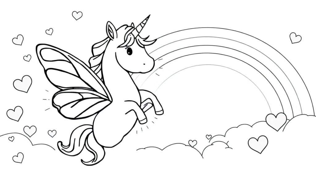 Eenhoorn met vleugels, harten en regenboog, klaar om in te kleuren als kleurplaat.