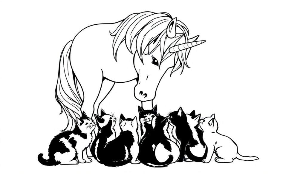 Een zwart-wit kleurplaat van een majestueuze eenhoorn die neerbuigt om naar zeven kleine, nieuwsgierige kittens te kijken.