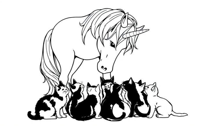 Een zwart-wit kleurplaat van een majestueuze eenhoorn die neerbuigt om naar zeven kleine, nieuwsgierige kittens te kijken.