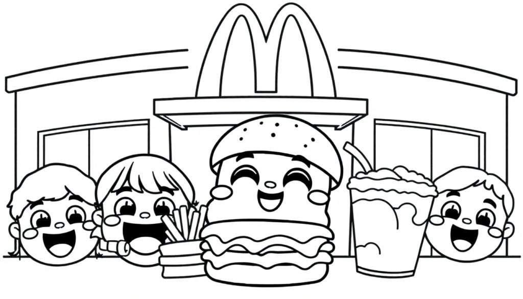 Kleurplaat van McDonald's met lachend eten.