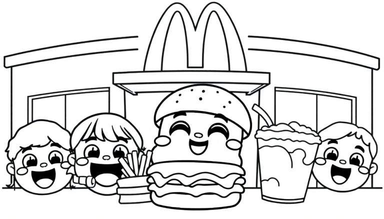 Kleurplaat van McDonald's met lachend eten.