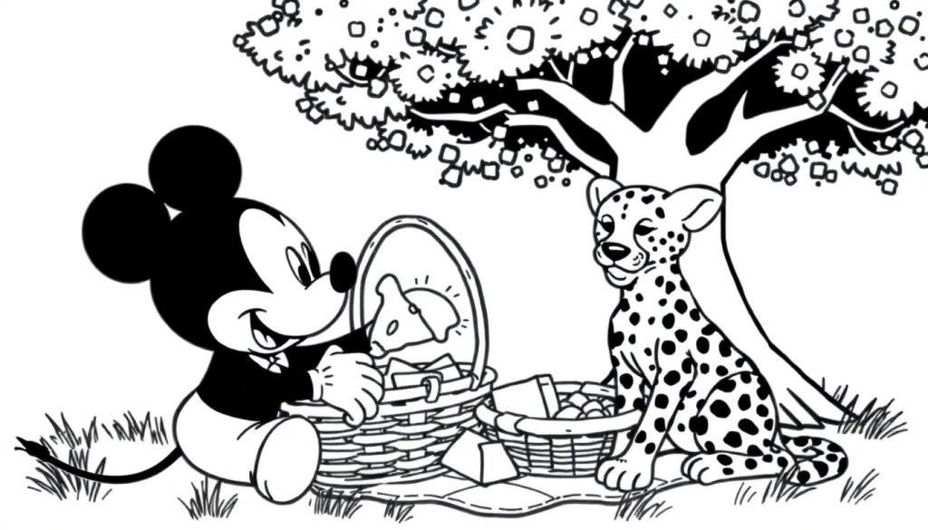 Kleurplaat van Mickey Mouse en een jachtluipaard die samen picknicken.