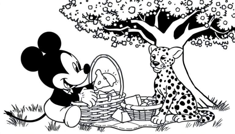 Kleurplaat van Mickey Mouse en een jachtluipaard die samen picknicken.