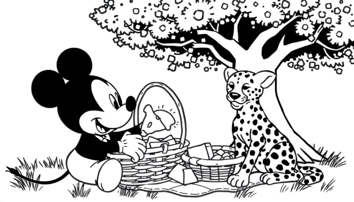 Kleurplaat van Mickey Mouse en een jachtluipaard die samen picknicken.