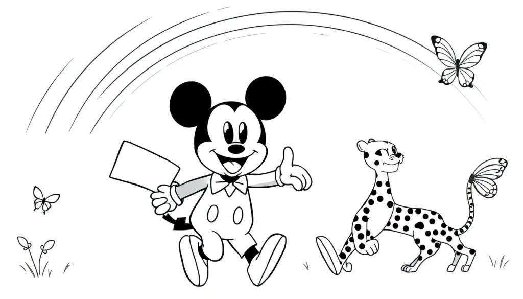 Mickey Mouse en een geel jachtluipaard-achtig wezen met vlindervleugels staan onder een regenboog, in een kleurplaat stijl.