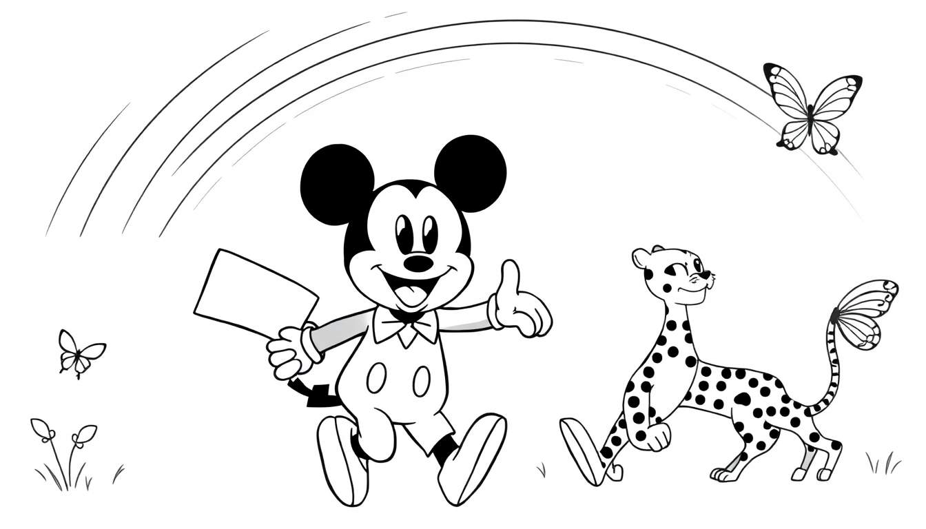 Mickey Mouse en een geel jachtluipaard-achtig wezen met vlindervleugels staan onder een regenboog, in een kleurplaat stijl.