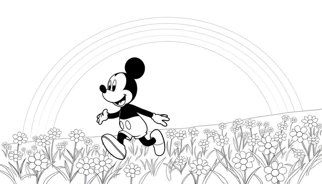 Zwart-wit kleurplaat van Mickey Mouse rent vrolijk onder een regenboog.