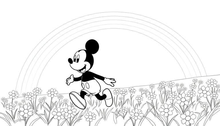Zwart-wit kleurplaat van Mickey Mouse rent vrolijk onder een regenboog.
