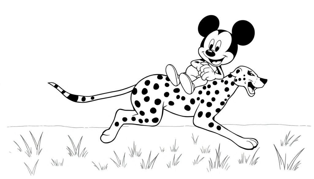 Mickey Mouse op een rennende cheetah, een kleurplaat.