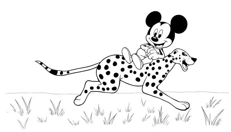 Mickey Mouse op een rennende cheetah, een kleurplaat.