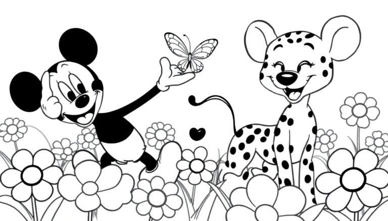 Zwart-wit kleurplaat van Mickey Mouse die een dalmatiër puppy en een vlinder in een bloementuin ontmoet.
