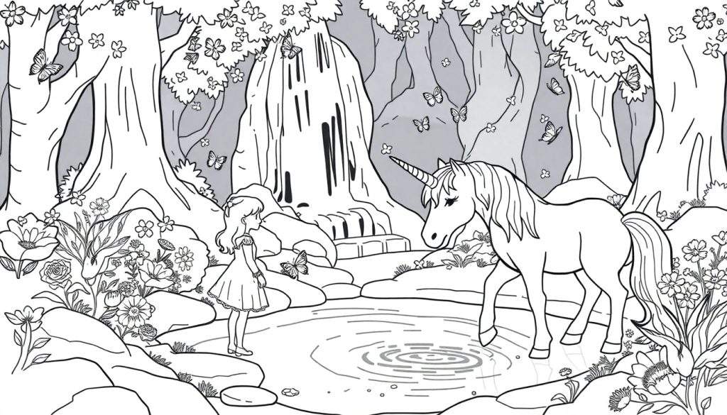 Een meisje kijkt naar een eenhoorn in een vijver, een kleurplaat.