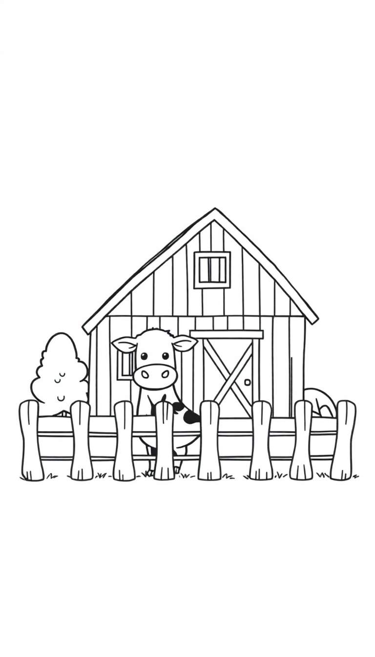 Kleurplaat van een boerderij met schuur, boom en koe