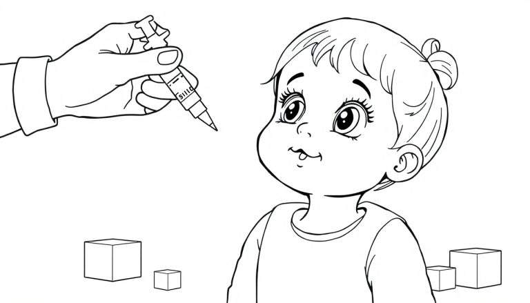 Kleurplaat van een kind dat een injectie krijgt.