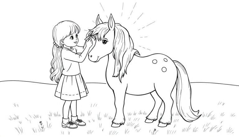 Kleurplaat van een meisje dat een lintje in de manen van een pony met stipjes doet.
