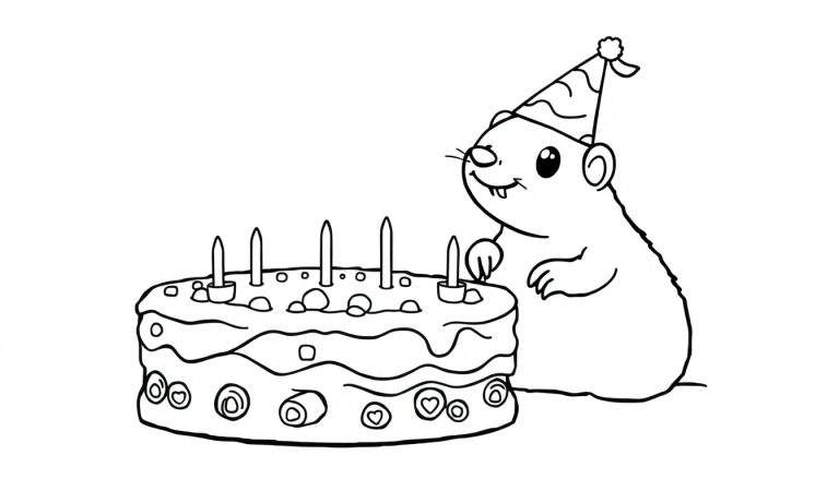 Een schattige muis in een feestmuts versiert een verjaardagstaart, een kleurplaat.