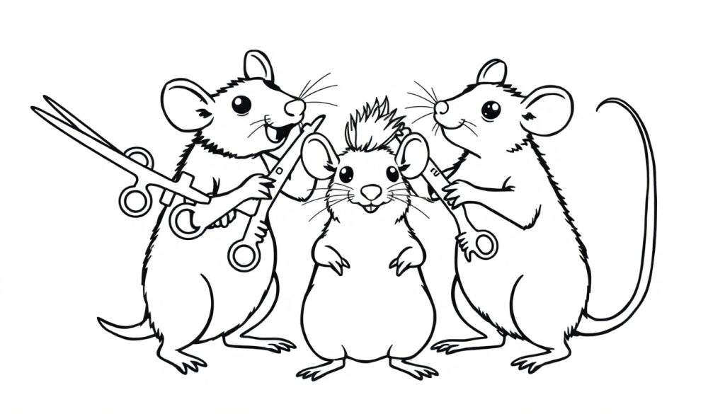 Kleurplaat: Drie muizen, twee met scharen die de kuif van de middelste muis knippen.