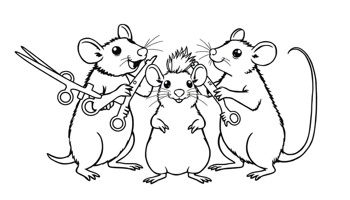 Kleurplaat: Drie muizen, twee met scharen die de kuif van de middelste muis knippen.